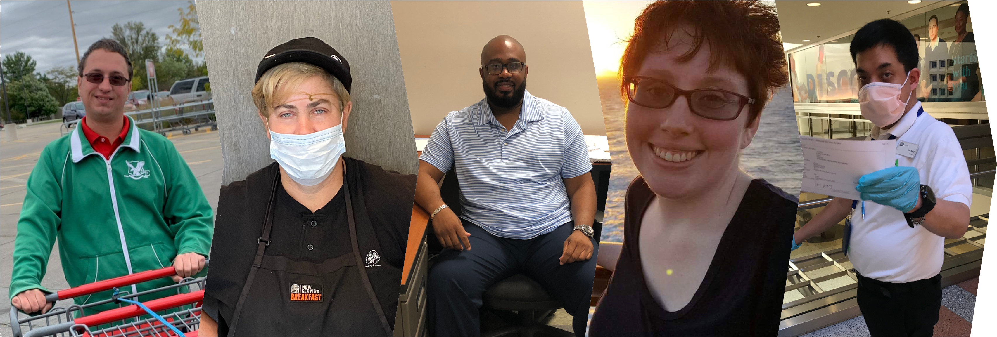 5 APSE members in a photo. Left to right. White man outside with a cart in a parking lot. White woman with a mask, in a black Taco Bell uniform. A Black man in a blue shirt smiling, sitting at a desk. A sunset, woman smiling at the camera. A hospital employee wearing a mask and gloves, holding a paycheck out.