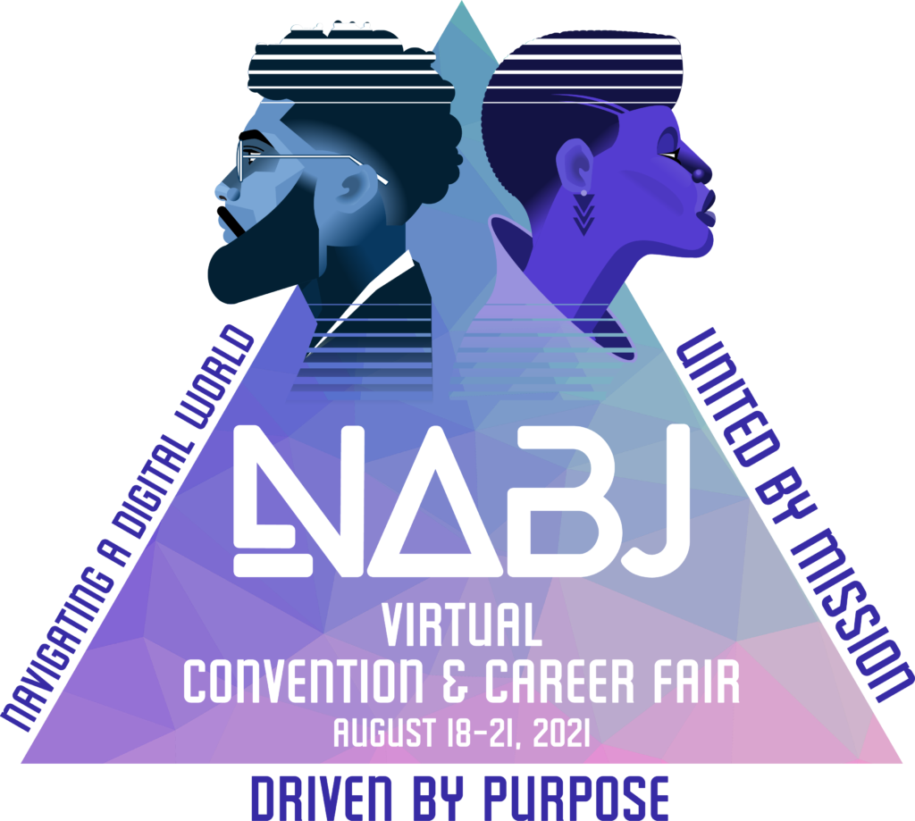 Image: Triangle with two heads coming out of top looking in opposite directions, blue to purple gradient, Text: NABJ Virtual Convention and Career Fair, Subtitle: Navigating a Virtual World, United by Mission, Driven by Purpose