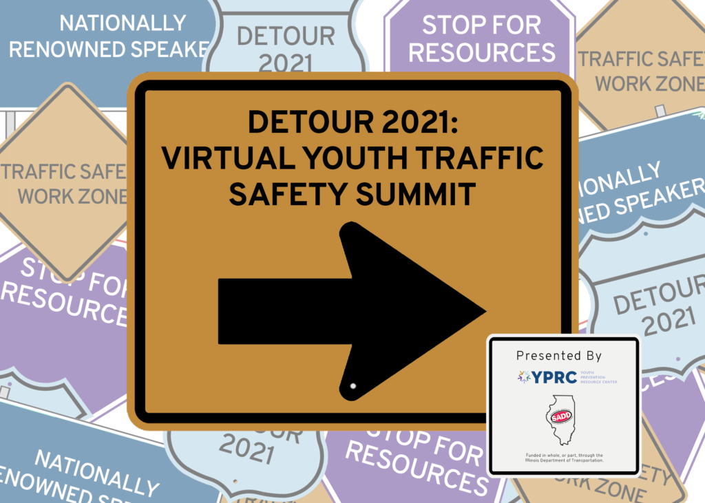 Detour 2021 Prevention First Logo, image: a Yellow sign with an arrow pointing to the right, text: Detour 2021: Virtual Youth Traffic Safety Summit
